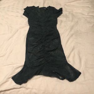 HARLOU FOREST GREEN LACE RUCHED BODYCON DRESS